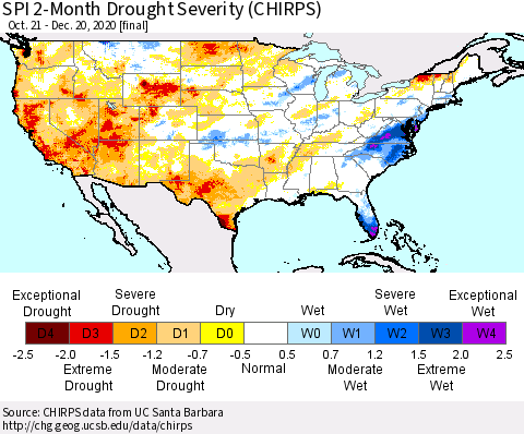 United States SPI 2-Month Drought Severity (CHIRPS) Thematic Map For 10/21/2020 - 12/20/2020