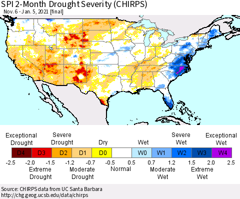 United States SPI 2-Month Drought Severity (CHIRPS) Thematic Map For 11/6/2020 - 1/5/2021