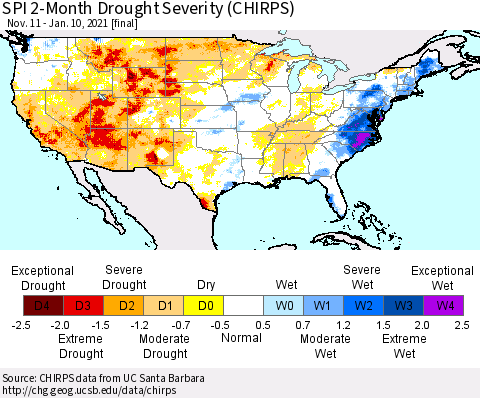 United States SPI 2-Month Drought Severity (CHIRPS) Thematic Map For 11/11/2020 - 1/10/2021