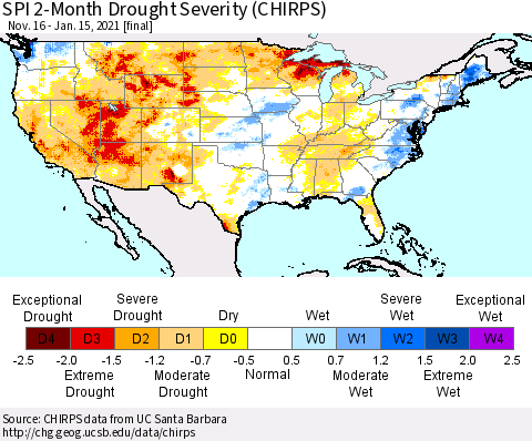 United States SPI 2-Month Drought Severity (CHIRPS) Thematic Map For 11/16/2020 - 1/15/2021