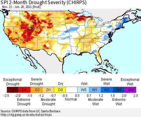 United States SPI 2-Month Drought Severity (CHIRPS) Thematic Map For 11/21/2020 - 1/20/2021