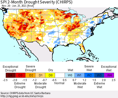 United States SPI 2-Month Drought Severity (CHIRPS) Thematic Map For 11/26/2020 - 1/25/2021