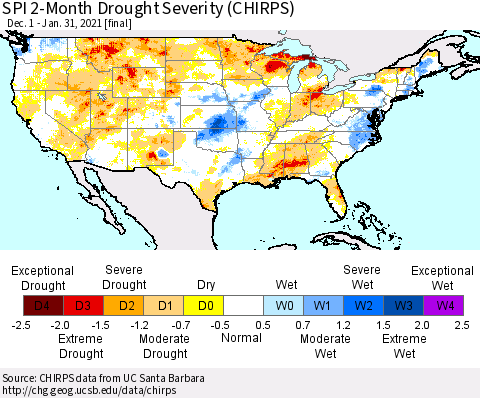 United States SPI 2-Month Drought Severity (CHIRPS) Thematic Map For 12/1/2020 - 1/31/2021