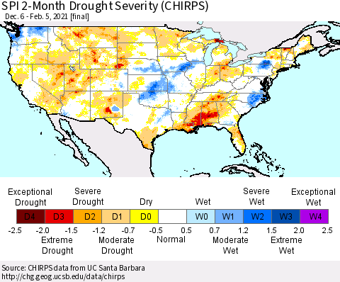 United States SPI 2-Month Drought Severity (CHIRPS) Thematic Map For 12/6/2020 - 2/5/2021