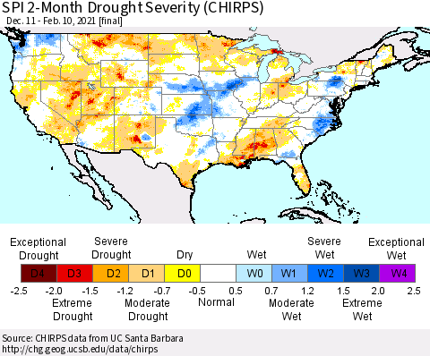 United States SPI 2-Month Drought Severity (CHIRPS) Thematic Map For 12/11/2020 - 2/10/2021
