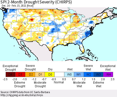 United States SPI 2-Month Drought Severity (CHIRPS) Thematic Map For 12/16/2020 - 2/15/2021