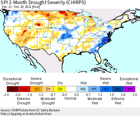 United States SPI 2-Month Drought Severity (CHIRPS) Thematic Map For 12/21/2020 - 2/20/2021