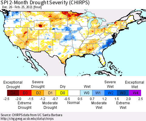 United States SPI 2-Month Drought Severity (CHIRPS) Thematic Map For 12/26/2020 - 2/25/2021