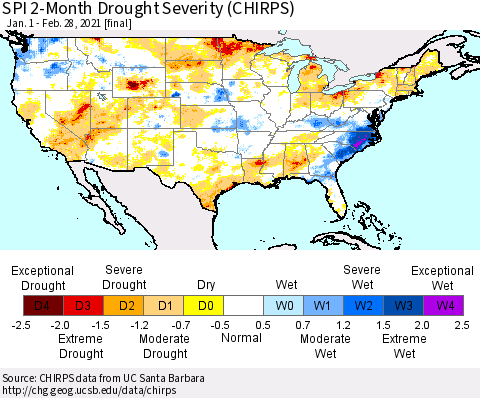 United States SPI 2-Month Drought Severity (CHIRPS) Thematic Map For 1/1/2021 - 2/28/2021