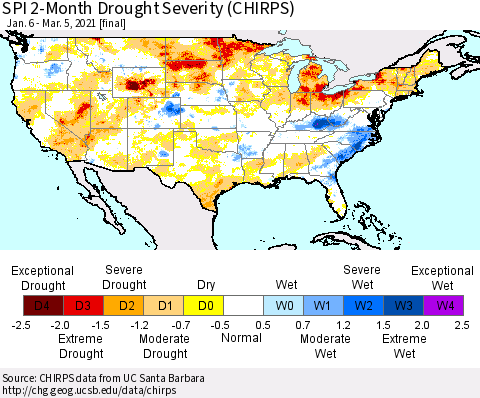 United States SPI 2-Month Drought Severity (CHIRPS) Thematic Map For 1/6/2021 - 3/5/2021