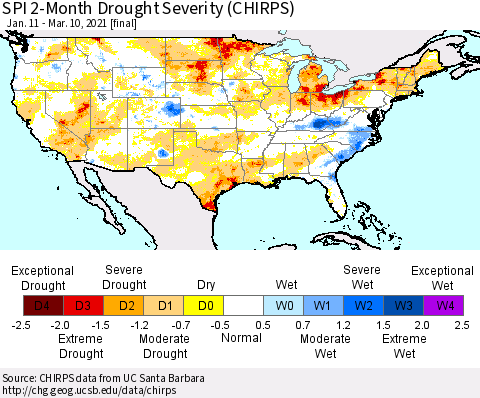 United States SPI 2-Month Drought Severity (CHIRPS) Thematic Map For 1/11/2021 - 3/10/2021