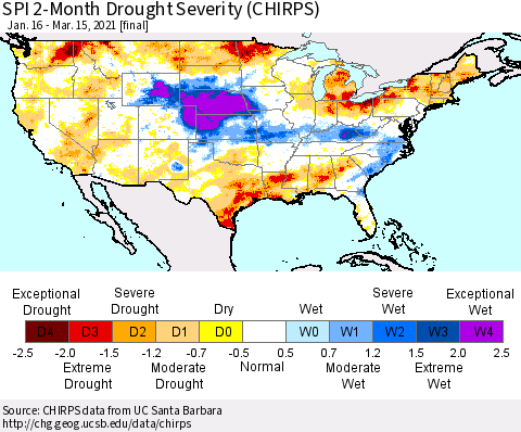 United States SPI 2-Month Drought Severity (CHIRPS) Thematic Map For 1/16/2021 - 3/15/2021
