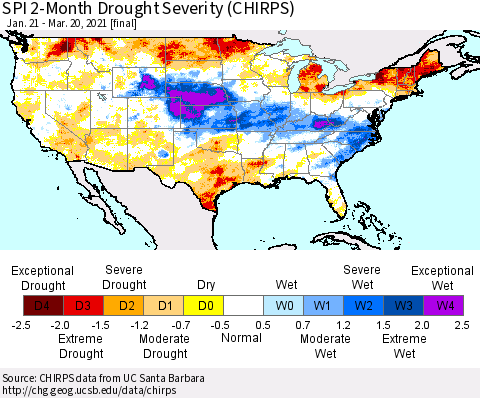 United States SPI 2-Month Drought Severity (CHIRPS) Thematic Map For 1/21/2021 - 3/20/2021