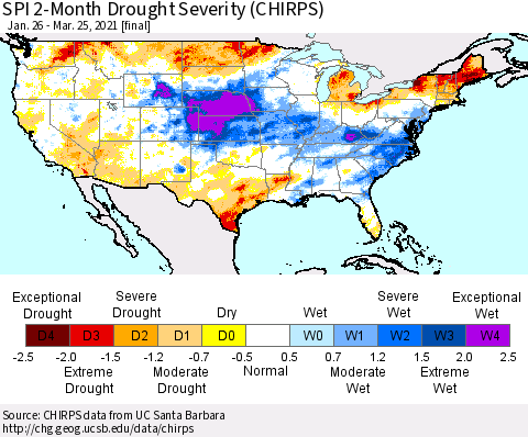United States SPI 2-Month Drought Severity (CHIRPS) Thematic Map For 1/26/2021 - 3/25/2021