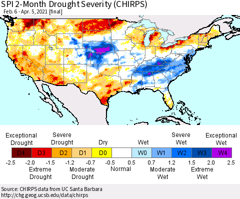 United States SPI 2-Month Drought Severity (CHIRPS) Thematic Map For 2/6/2021 - 4/5/2021