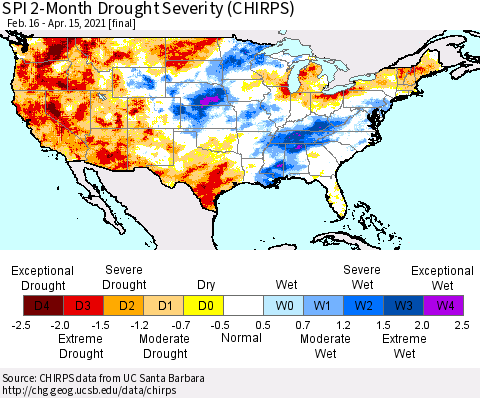 United States SPI 2-Month Drought Severity (CHIRPS) Thematic Map For 2/16/2021 - 4/15/2021