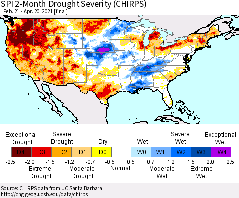 United States SPI 2-Month Drought Severity (CHIRPS) Thematic Map For 2/21/2021 - 4/20/2021