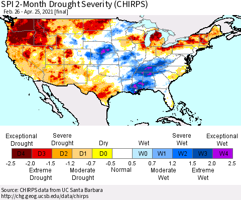 United States SPI 2-Month Drought Severity (CHIRPS) Thematic Map For 2/26/2021 - 4/25/2021