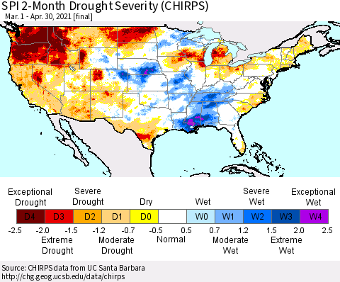 United States SPI 2-Month Drought Severity (CHIRPS) Thematic Map For 3/1/2021 - 4/30/2021