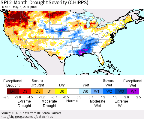 United States SPI 2-Month Drought Severity (CHIRPS) Thematic Map For 3/6/2021 - 5/5/2021