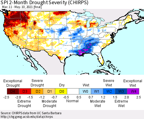 United States SPI 2-Month Drought Severity (CHIRPS) Thematic Map For 3/11/2021 - 5/10/2021