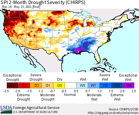 United States SPI 2-Month Drought Severity (CHIRPS) Thematic Map For 3/16/2021 - 5/15/2021