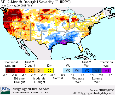 United States SPI 2-Month Drought Severity (CHIRPS) Thematic Map For 3/21/2021 - 5/20/2021