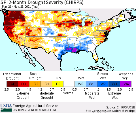United States SPI 2-Month Drought Severity (CHIRPS) Thematic Map For 3/26/2021 - 5/25/2021