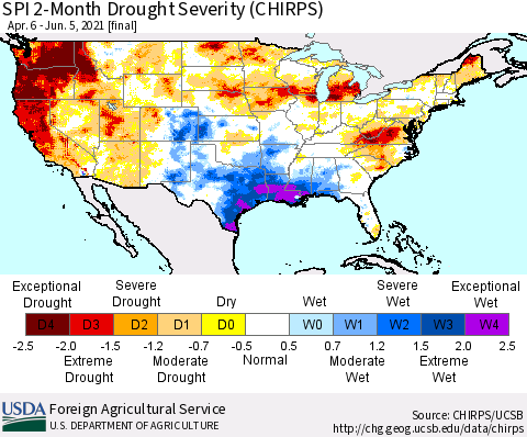 United States SPI 2-Month Drought Severity (CHIRPS) Thematic Map For 4/6/2021 - 6/5/2021