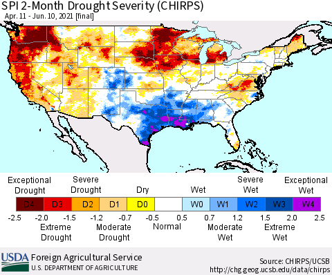 United States SPI 2-Month Drought Severity (CHIRPS) Thematic Map For 4/11/2021 - 6/10/2021