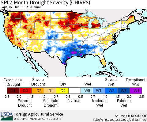 United States SPI 2-Month Drought Severity (CHIRPS) Thematic Map For 4/16/2021 - 6/15/2021