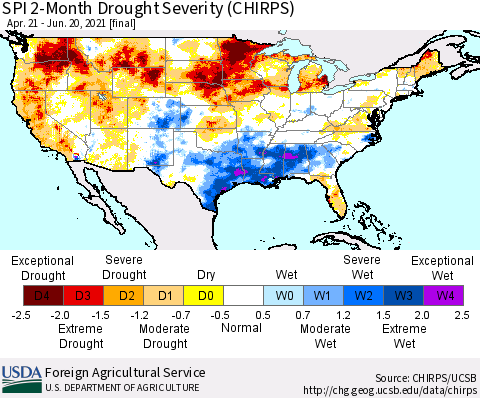 United States SPI 2-Month Drought Severity (CHIRPS) Thematic Map For 4/21/2021 - 6/20/2021