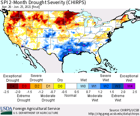 United States SPI 2-Month Drought Severity (CHIRPS) Thematic Map For 4/26/2021 - 6/25/2021