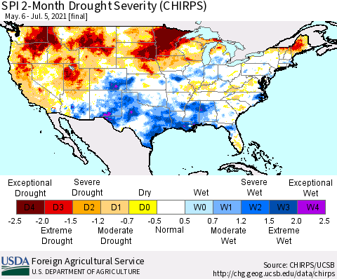 United States SPI 2-Month Drought Severity (CHIRPS) Thematic Map For 5/6/2021 - 7/5/2021