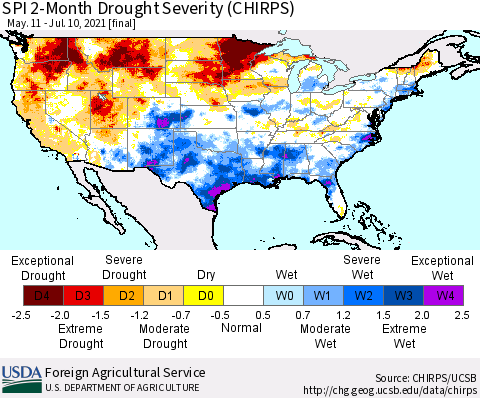 United States SPI 2-Month Drought Severity (CHIRPS) Thematic Map For 5/11/2021 - 7/10/2021