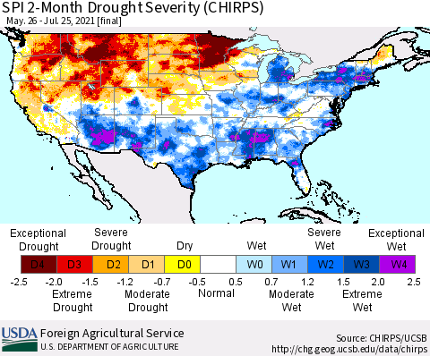 United States SPI 2-Month Drought Severity (CHIRPS) Thematic Map For 5/26/2021 - 7/25/2021