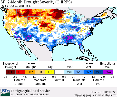United States SPI 2-Month Drought Severity (CHIRPS) Thematic Map For 6/1/2021 - 7/31/2021