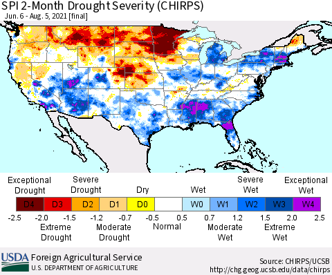 United States SPI 2-Month Drought Severity (CHIRPS) Thematic Map For 6/6/2021 - 8/5/2021