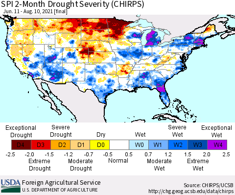 United States SPI 2-Month Drought Severity (CHIRPS) Thematic Map For 6/11/2021 - 8/10/2021