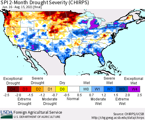 United States SPI 2-Month Drought Severity (CHIRPS) Thematic Map For 6/16/2021 - 8/15/2021
