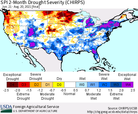 United States SPI 2-Month Drought Severity (CHIRPS) Thematic Map For 6/21/2021 - 8/20/2021