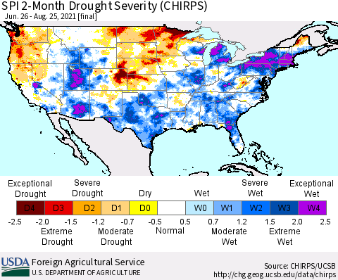 United States SPI 2-Month Drought Severity (CHIRPS) Thematic Map For 6/26/2021 - 8/25/2021