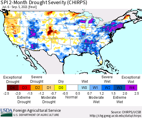 United States SPI 2-Month Drought Severity (CHIRPS) Thematic Map For 7/6/2021 - 9/5/2021
