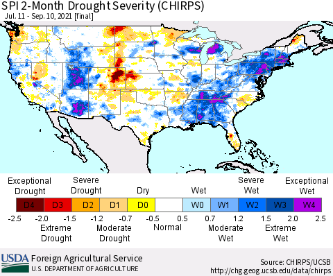 United States SPI 2-Month Drought Severity (CHIRPS) Thematic Map For 7/11/2021 - 9/10/2021