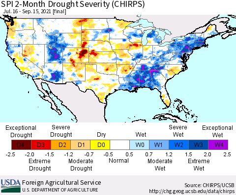 United States SPI 2-Month Drought Severity (CHIRPS) Thematic Map For 7/16/2021 - 9/15/2021