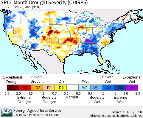United States SPI 2-Month Drought Severity (CHIRPS) Thematic Map For 7/21/2021 - 9/20/2021