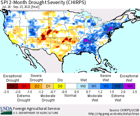 United States SPI 2-Month Drought Severity (CHIRPS) Thematic Map For 7/26/2021 - 9/25/2021