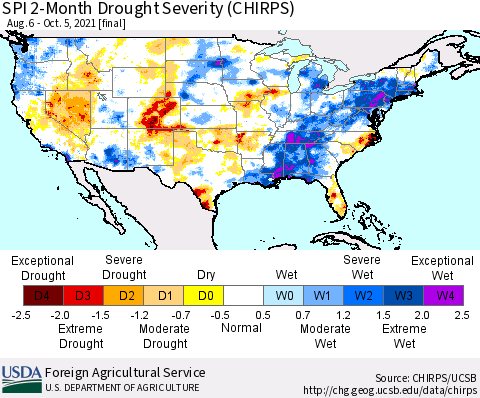 United States SPI 2-Month Drought Severity (CHIRPS) Thematic Map For 8/6/2021 - 10/5/2021