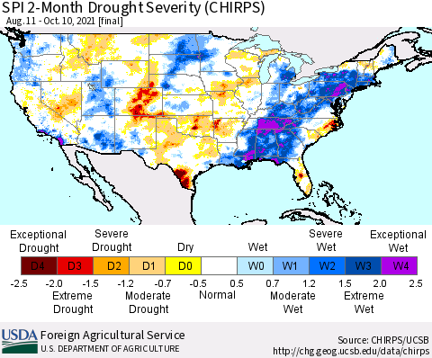 United States SPI 2-Month Drought Severity (CHIRPS) Thematic Map For 8/11/2021 - 10/10/2021