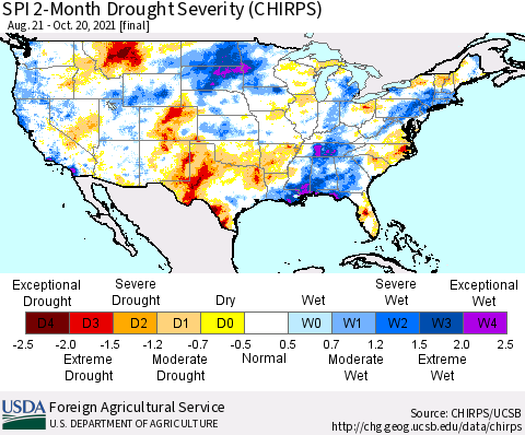 United States SPI 2-Month Drought Severity (CHIRPS) Thematic Map For 8/21/2021 - 10/20/2021